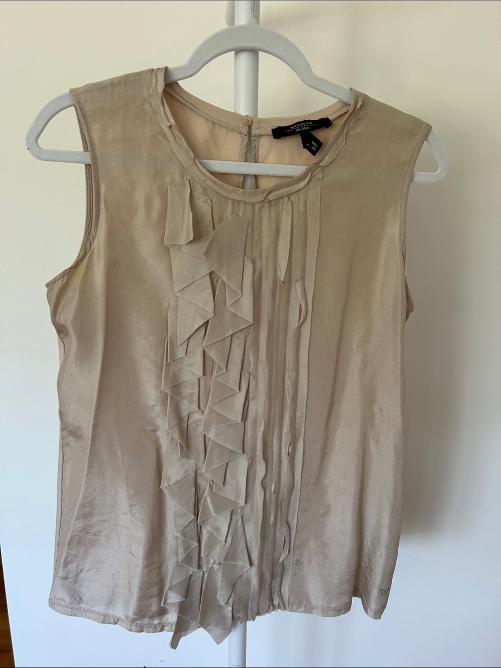 Silk Ruffle Front Sleeveless Top - Beige